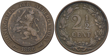Нидерланды 2 1/2 цента 1886 Виллем III (1849-1890) KM 109 бронза 73-1011