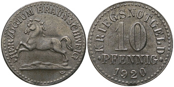 Брауншвейг 10 пфенингов 1920 Funck 56.5, Men05 3454.11, Men18 4388.11 железо 4175-212