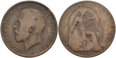Великобритания 1 пенни 1918 Георг V (1910-1936) KM 810, Spink 4051 бронза 4572-1226