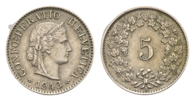 Швейцария 5 раппенов 1943 B KM 26 медно-никель 4643-331