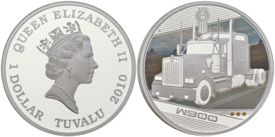 Тувалу 1 доллар 2010 серия грузовые автомобили, короли дорог, Kenworth W900, цветная термопечать KM 139 серебро  PROOF  1091-5-33