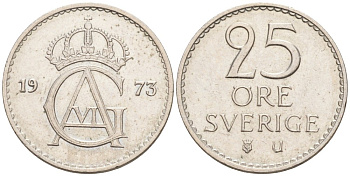 Швеция 25 эре 1973 U, Густав VI Адольф (1950-1973) KM 836 медно-никель 73-1541