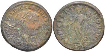 Римская Империя нуммий 297 - 298 Диоклетиан, бюст императора, IMP C C VAL DIOCLETIANVS P F AVG / Гений Римского народа, GENIO POPVLI ROMANI, Гераклея (из немецкой коллекции 1-й половины XX века) RIC 19а биллон 1073-23-64