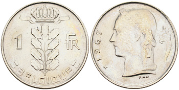 Бельгия 1 франк 1967 BELGIQUE KM 142.1 медно-никель 4592-531
