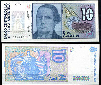Аргентина 10 аустралей 1986 серия С 14556, Сантьяго Дерки, Президент Аргентины Pick 325 b бумага UNC (пресс)   447-4-1