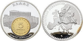 НИДЕРЛАНДЫ МЕДАЛЬ ND МОНЕТА НА МЕДАЛИ, СЕРИЯ ДОЕВРОВЫЕ ЕВРОПЕЙСКИЕ МОНЕТЫ, ГРЕЦИЯ 5 ДРАХМ 1978, ГЕРЦИЯ, АФИНЫ АКРОПОЛЬ, ДИАМЕТР 50 ММ. серебрение PROOF 1069-4-23