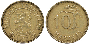 Финляндия 10 марок 1952 H, первый год чекана KM 38 алюминиевая бронза 4164-437