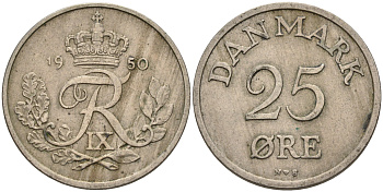 Дания 25 эре 1950 N,S, Фредерик IX (1947-1972) KM 842.1 медно-никель 4566-523
