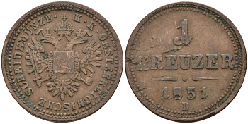 Австрия 1 крейцер 1851 B, Франц Иосиф I (1848-1916) KM 2185 медь 4586-446