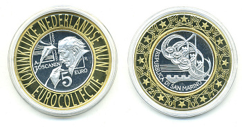 Сан-Марино 5 евро 2007 дирижер Артуро Тосканини, евроколлекция Нидерландского монетного двора KM 474 серебро PROOF 05-042-32