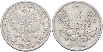 ПОЛЬША 2 ЗЛОТЫХ 1974 MW KM 46 алюминий 4111-215