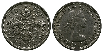 Великобритания 6 пенсов 1963 Елизавета II (1952-2022) KM 903, Spink 4149 медно-никель 4381-762