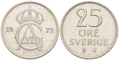 Швеция 25 эре 1973 U, Густав VI Адольф (1950-1973) KM 836 медно-никель 73-1541