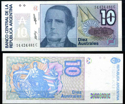 Аргентина 10 аустралей 1986 серия С 14556, Сантьяго Дерки, Президент Аргентины Pick 325 b бумага UNC (пресс)   447-4-1