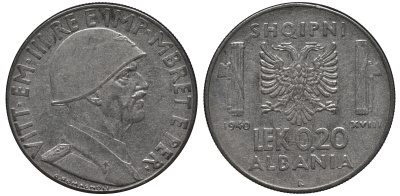 Албания 0,20 лека 1940 R, Итальянская оккупация KM 29 нержавеющая сталь UNC 441-221