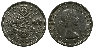 Великобритания 6 пенсов 1963 Елизавета II (1952-2022) KM 903, Spink 4149 медно-никель 4381-762
