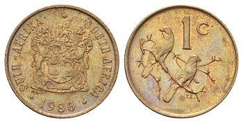 ЮАР 1 цент 1986 герб, капские воробьи KM 82 бронза UNC 4696-933