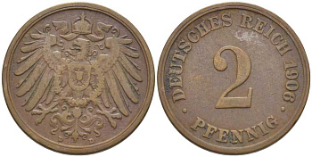 ГЕРМАНИЯ 2 ПФЕННИГА 1906 D KM 16, J. 11, Weege 4 медь 206-527