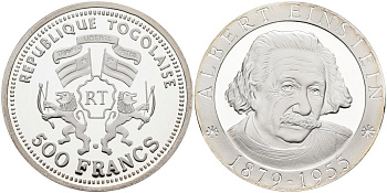 Того 500 франков 1999 Альберт Эйнштейн (1879-1955) KM 19 серебро PROOF 04-318-21