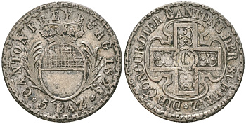 Швейцарские кантоны 5 батценов 1828 кантон Фрибур KM 84 серебро    4584-251