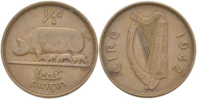 ИРЛАНДИЯ 1/2 ПЕННИ 1942 СВИНЬЯ С ПОРОСЯТАМИ KM 10 бронза 212-1012