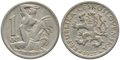 Чехословакия 1 крона 1922 женщина со снопом и серпом KM 4 медно-никель 24-1141