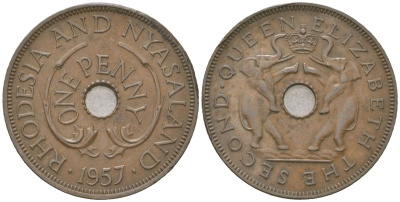 Родезия и Ньясаленд 1 пенни 1957 Елизавета II (1952-2022) KM 2 бронза 4616-121