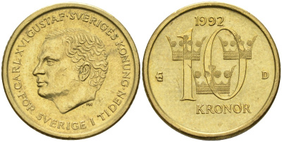 Швеция 10 крон 1992 Карл XVI Густав (1973- ) KM 877 нордик 183-1242