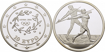Греция 10 евро 2003 XXVIII летние Олимпийские игры 2004 года в Афинах, метание копья KM 193 серебро PROOF 1077-8-13