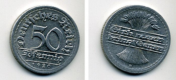 ГЕРМАНИЯ 50 ПФЕННИГОВ 1920 D KM 27, J. 301 алюминий 57-125