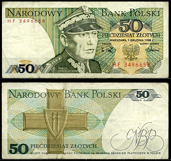 Польша 50 злотых 1988 Кароль Сверчевский, знак Грюнвальдского ордена Pick 142 c бумага 6287-20-1-2