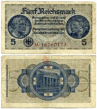 ГЕРМАНИЯ 5 РЕЙХСМАРОК 1940-1945 8 ЦИФР В НОМЕРЕ Pick R138b бумага 3295-92-3-2