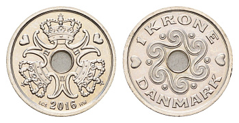 Дания 1 крона 2016 Маргрете II (1972-2024) KM 873 медно-никель UNC 75-561