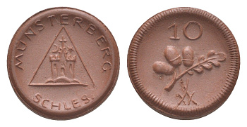 Мюнстерберг 10 пфеннигов ND (1921) Men05 18133.3, Men18 22686.3, Scheuch 193a фарфор 1094-9-15