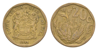 ЮАР 20 центов 1994 герб, цветок протея KM 136 сталь плакированная бронзой 4618-353