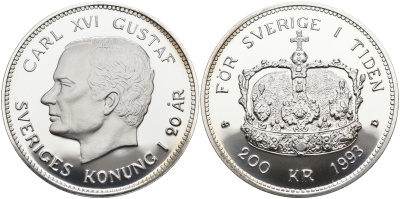 Швеция 200 крон 1993 Карл XVI Густав (1973- ), 20 лет правления KM 881 серебро BUNC 1095-6-42