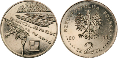 Польша 2 злотых 2011 MW, авиакатастрофа президентского самолета в Смоленске 10.IV.2010 KM 769 нордик UNC 4511-843