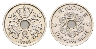 Дания 1 крона 2016 Маргрете II (1972-2024) KM 873 медно-никель UNC 75-561