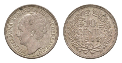 Нидерланды 10 центов 1944 Вильгельмина (1890-1948) KM 163 серебро 4659-214