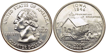 США 25 центов = квотер 2004 D, серия штаты США, Айова KM 358 медь плакированная медно-никелем UNC M50-06