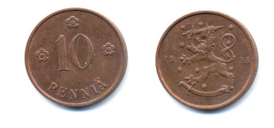 Финляндия 10 пенни 1936 республика (1918-1962) KM 24 медь 51-5536