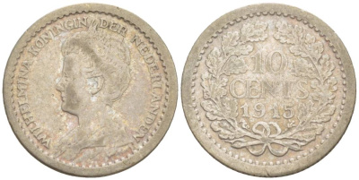 Нидерланды 10 центов 1915 Вильгельмина I (1890-1948) KM 145 серебро 4532-1158