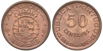 Португальская Ангола 50 сентаво 1958 KM 75 бронза aUNC 4114-454