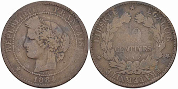 ФРАНЦИЯ 10 САНТИМОВ 1884 A, ТРЕТЬЯ РЕСПУБЛИКА (1871-1940) KM 815.1, LA FRANC 135.28 бронза 97-922