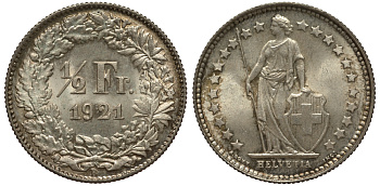 Швейцария 1/2 франка 1921 KM 23 серебро UNC 1525-931