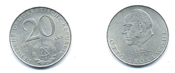 ГДР 20 марок 1973 А, Отто Гротеволь (1894-1964) KM 47 медно-никель 3333-431