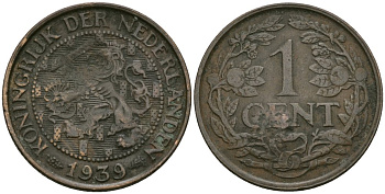 Нидерланды 1 цент 1939 Вильгельмина (1890-1948) KM 152 бронза 4576-1138