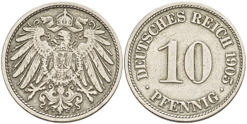 Германия 10 пфеннигов 1905 F KM 12, Jager 13, Weege 8 медно-никель 219-116