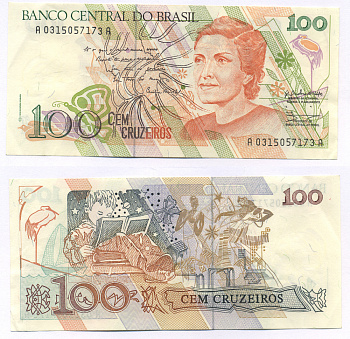 БРАЗИЛИЯ 100 КРУЗЕЙРО 1990 ПОДПИСЬ 28, СЕРИЯ 0315 Pick 228 бумага 7548-3-1