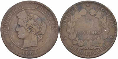 ФРАНЦИЯ 10 САНТИМОВ 1884 A, ТРЕТЬЯ РЕСПУБЛИКА (1871-1940) KM 815.1, LA FRANC 135.28 бронза 97-922